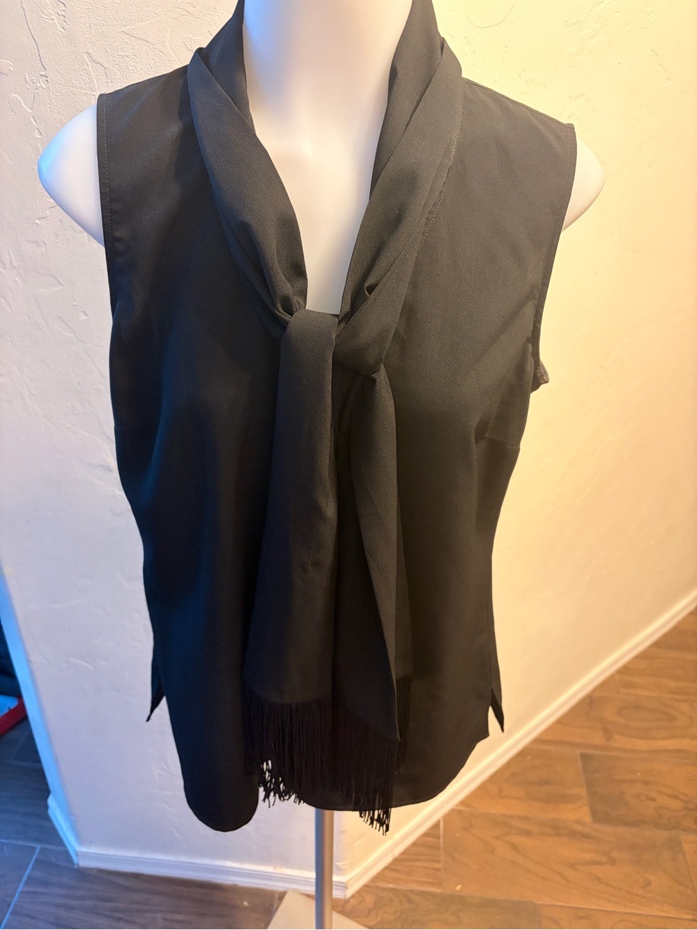 CAbi Black Sleeveless Tie-Neck Blouse with Fringe Scarf - Picture 2 of 5